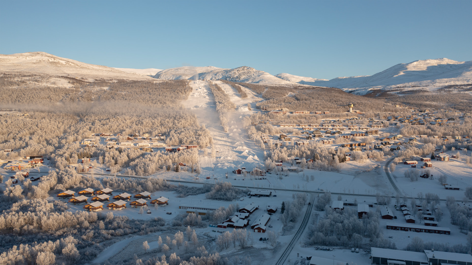 Aerial view of Hemavan with the ski slope and village in winter