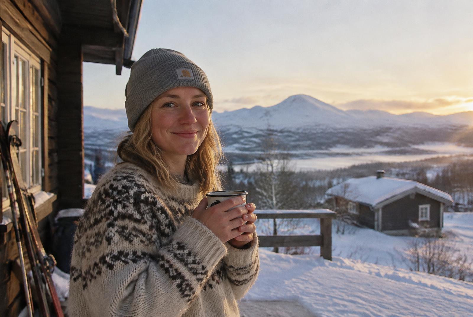 Woman with coffee outside a mountain cabin in Hemavan